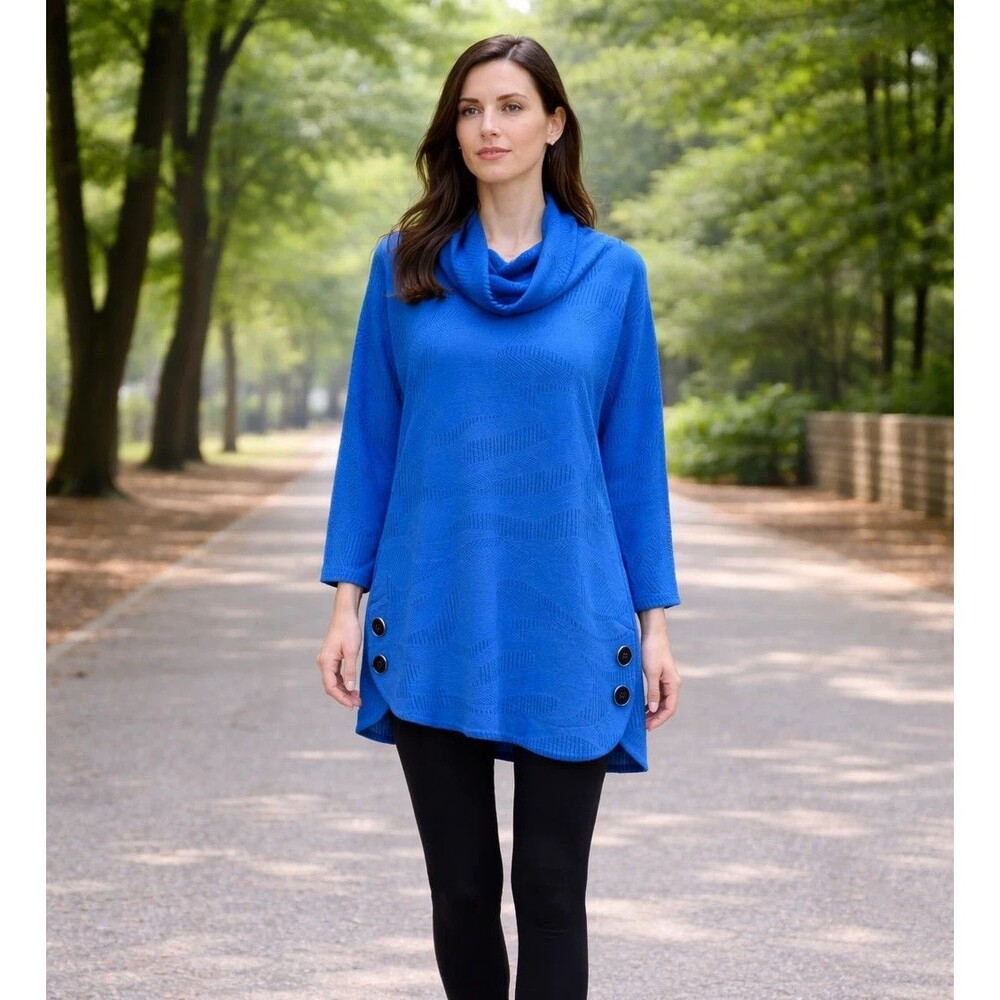 Ali Miles Sweater Tunic Women's M  Buttons  Royal Blue Textured Cowl Neck